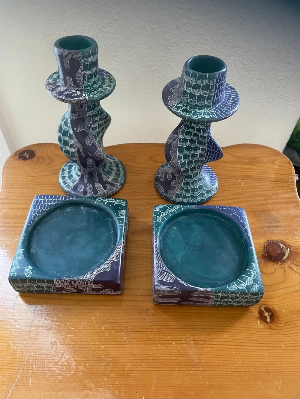 Artisan Ceramic Candle Holders in Teal and Purple - Pair